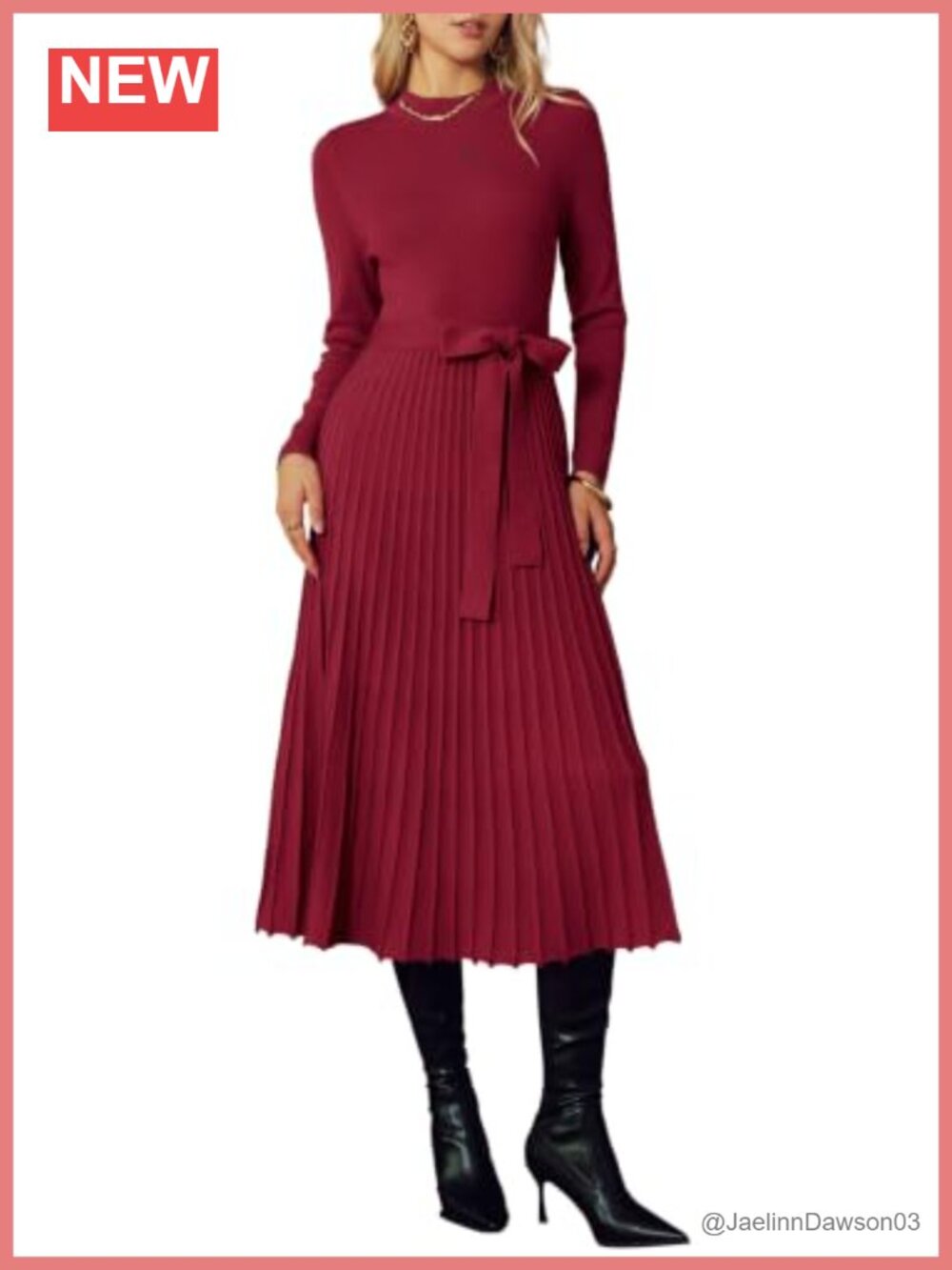 Wool Blend Mock Neck Pleated Midi Sweater Dress Business Casual